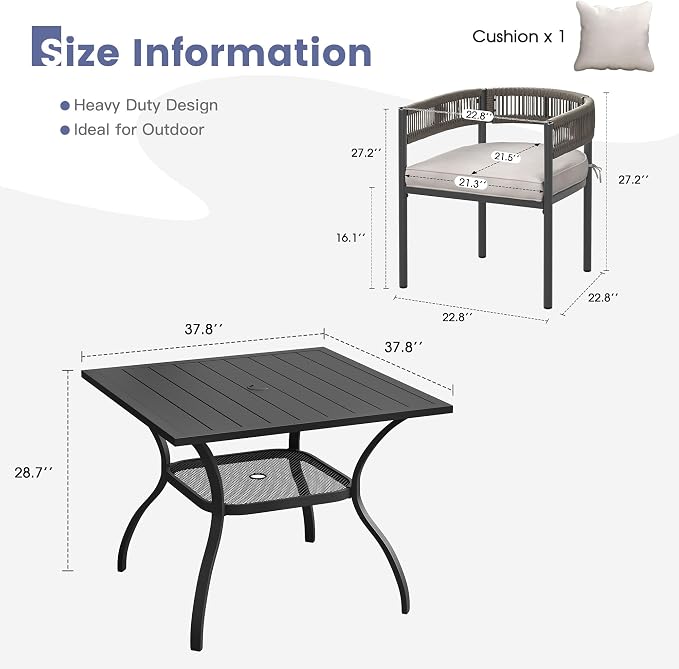 VICLLAX Patio Dining Set, 37.8" Black Table & 4 Chairs with Wheat Cushion | Outdoor Table and Chairs Set of Square Metal Patio Table, Outdoor Dining Chairs with Metal Frame, Garden Deck Porch