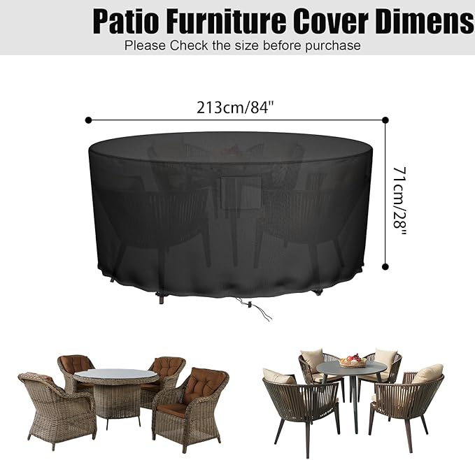 Falflor Round Patio Furniture Cover 600D Oxford Outdoor Table and Chair Cover Waterproof Round Table Cover Windproof Anti-UV Garden Furniture Cover 84''D x 28''H