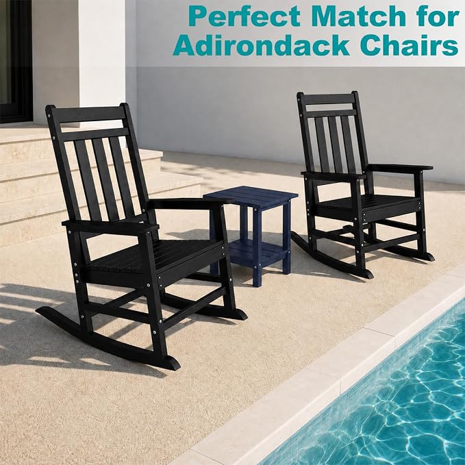 Outdoor Side Table with Storage Shelf, 2-Tier Patio Side Table, HDPE All Weather Outdoor End Tables for Adirondack Chair, Small Patio End Table for Backyard Porch Lawn Poolside, Dark Blue