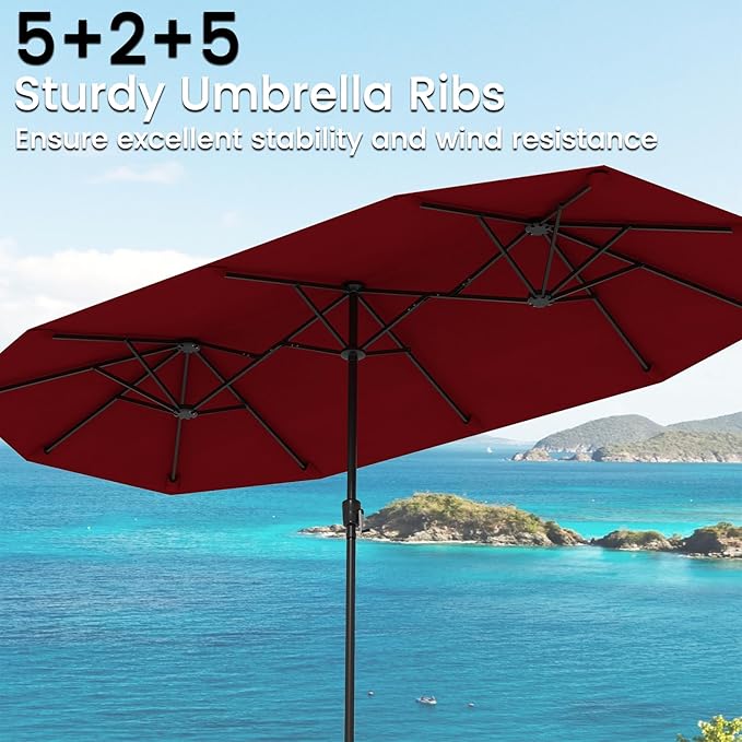 Tangkula 13 FT Large Patio Umbrella, Outdoor Double-Sided Table Market Umbrella w/Crank Handle, 12 Heavy-Duty Ribs, Sun-Protective Rectangular Twin Parasol for Garden Deck Lawn Poolside (Burgundy)