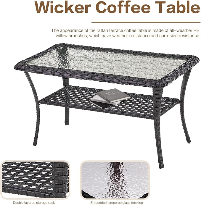 5 Pieces Outdoor Patio Furniture Conversation Set PE Rattan Wicker with 2 Swivel Glider Rocker Chairs, 2 Coffee Table and 1 Loveseat for Yard Backyard Poolside (Brown/Navy Blue)