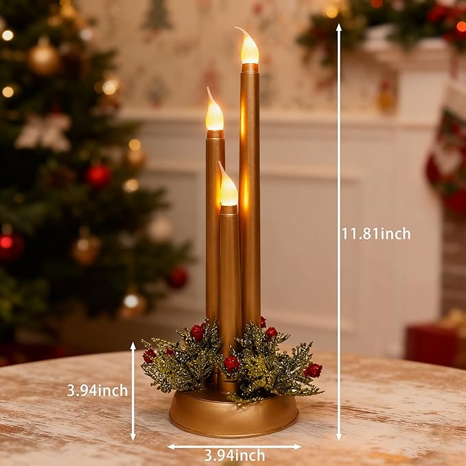 Flameless Taper Candles LED Candlesticks Battery Operated 3D Flicker Fake Candle for Xmas Wedding Fireplace Holiday Party Decor(Gold)