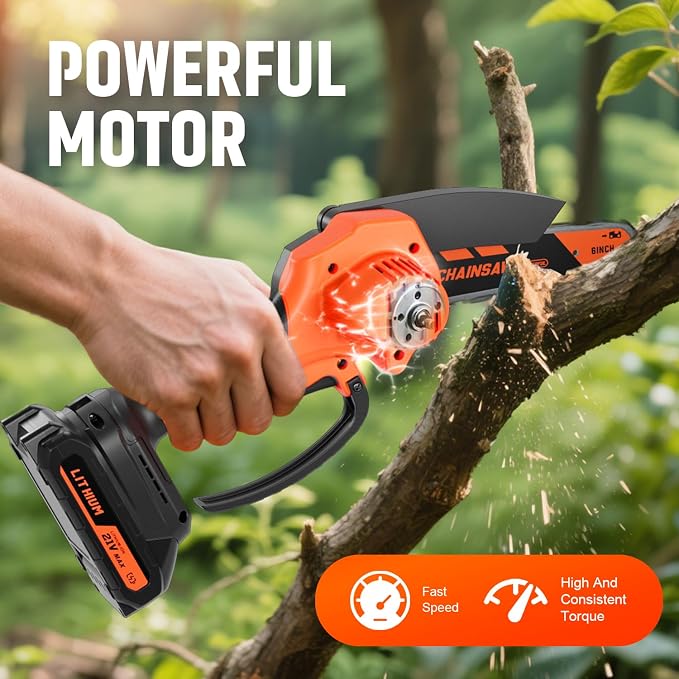 Mini Chainsaw, 6-inch Cordless Electric Small Chainsaws, Portable Handheld Chain Saw for Tree Pruning Shears Garden Maintenance, Best Fathers Day Gift for Men Dad Husband(Orange-2 Battery)