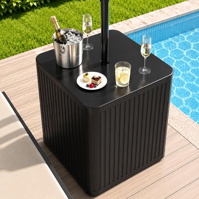 BoYata Umbrella Side Table, 2-in-1 Outdoor Side Table with Umbrella Hole, 15.9 Gallon Fillable Umbrella Stand Base, Heavy Duty & Sturdy, Fit Up to 1.5" Pole, Square Patio Side Table for Poolside, Deck