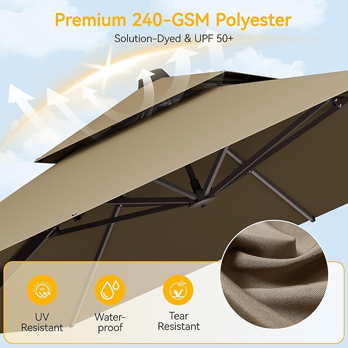 VEGOND 10x13 FT Patio Cantilever Umbrella with Base, Rectangular Heavy Duty Offset Umbrella for 8-10 People, 360°Rotation & Mult Tilt, Double Top Design, for Pool Garden Deck (Tan)