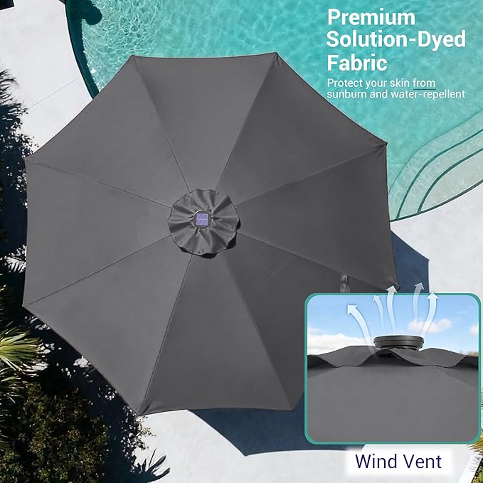 9ft Patio Umbrella Outdoor with Solar Lights,32 LED Lighted Table Market Umbrella with Tilt and Crank, 2-Year-Non-Fading, 8 Sturdy Ribs,for Pool, Deck, Garden,Backyard