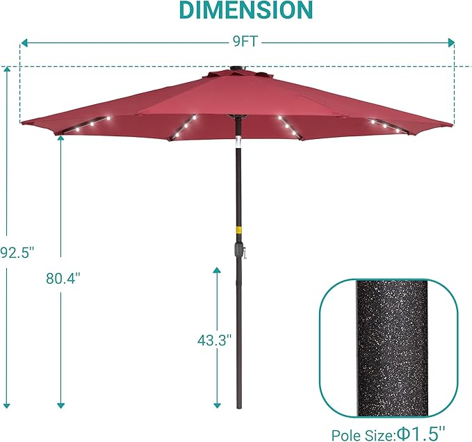 9ft Patio Umbrella Outdoor with Solar Lights,32 LED Lighted Table Market Umbrella with Tilt and Crank, 2-Year-Non-Fading, 8 Sturdy Ribs,for Pool, Deck, Garden,Backyard