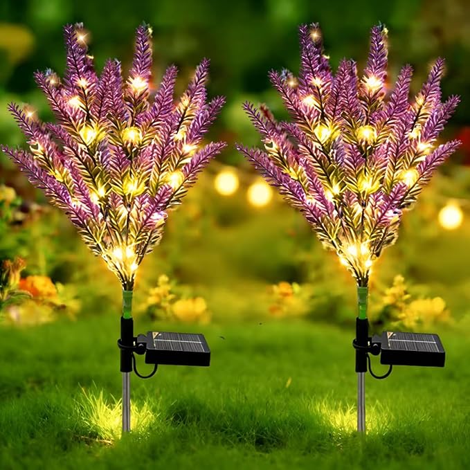 Solar Lavender Flowers Lights, 2 Pack Warm White Outdoor Waterproof Artificial Flower Garden Décor for Yard Pathway Patio Lawn, Mothers Day Gift, Fathers Day Halloween Gifts(56-Light LED)