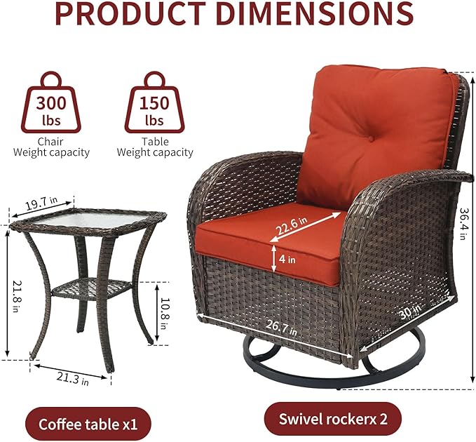 SHGJ&SOFT 3 Piece Patio Furniture Set, 2 Outdoor Swivel Rocking Chairs with Side Table, Wicker Glider Chairs, All-Weather Rattan Bistro Set for Porch, Deck, Pool (Red, Brown Full-Weave Rattan)