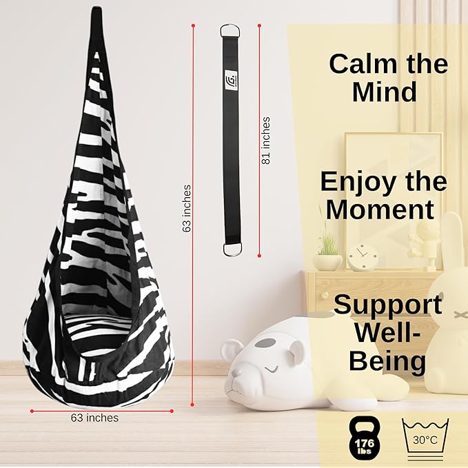 Calming Sensory Swing — Indoor Sensory Hammock for Kids & Adults, Supports up to 170 lb (77 kg), Double-Layer Canvas Fabric, Hanging Hardware Included, Black-White