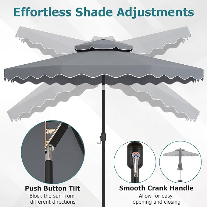 Happygrill 10 FT Patio Umbrella, Scalloped Outdoor Table Market Umbrella with Push Button Tilt & Crank, 2-Tier Vented Top, Heavy-Duty 8 Metal Ribs, Sun-Protective Canopy, Ruffle for Deck Pool Garden (Gray)