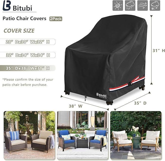 Bitubi Waterproof Patio Chair Covers, Lounge Deep Seat Cover Fits Up to 35W x 38D x 31H inch, Heavy Duty Outdoor Lawn Patio Furniture Cover (2 Pack, Black)
