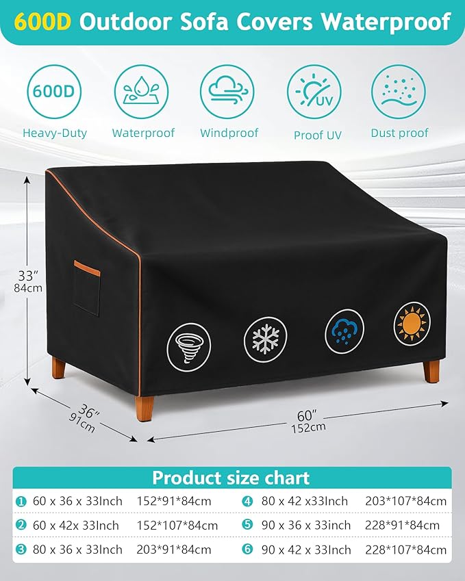 Outdoor Sofa Cover, Waterproof Patio Furniture Cover 60W x 36D x 33H inches Heavy Duty 600D Oxford Fabric Black