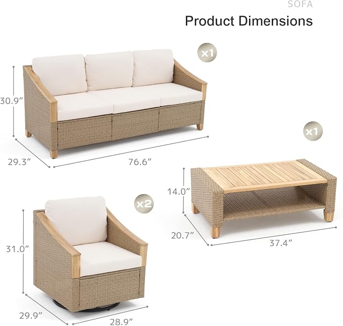 SUNSITT 4-Piece Wicker Patio Set with Swivel Chairs, Acacia Wood Accents | 3-seat rattan sofa,2 swivel chairs with acacia wood armrests, 2-layer wood top coffee table, thick cushions for backyard