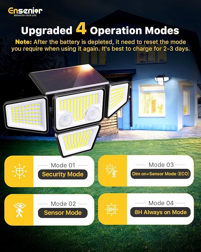 Ensenior Solar Lights Outdoor, Motion Sensor Outdoor Light with Remote Control, IP65 Waterproof 279 LED 4 Heads Solar Security Light with 4 Mode, 270° Wide Angle Solar Flood Light for outdoor, 4 Packs