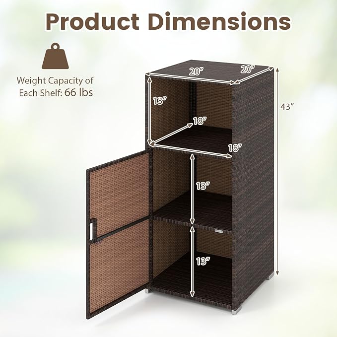 Tangkula Rattan Outdoor Storage Cabinet, Patiojoy PE Wicker Outdoor Cabinet with 3 Storage Shelves, Open Compartment and Door, Patio Storage Deck Box for Porch, Poolside, Backyard