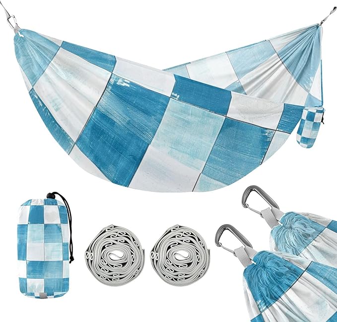 Light Blue and White Checkered Pattern 330lb Capacity Camping Hammock Portable Hammock for Camping & Hiking Essential hamaca para adultos