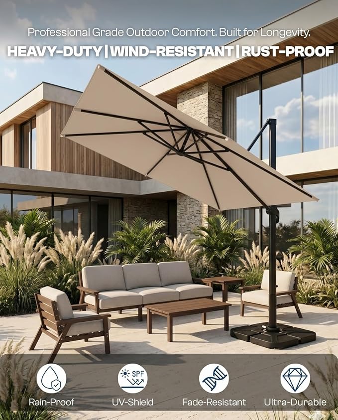 8' X 8' Patio Umbrella, Cantilever Umbrella with 360°Rotation, Offset Patio Umbrella with Easy Tilt & Fade Resistance for Pool Deck Garden Backyard, Beige (Base not Included)