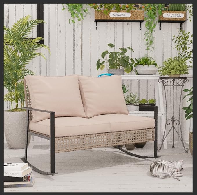Ainfox Outdoor Wicker Loveseat Rocking Chair, Patio Rattan Rocker Chair with Cushions，All-Weather Modern Cozy Rocking Wicker Furniture for Garden Backyard Porch, Khaki