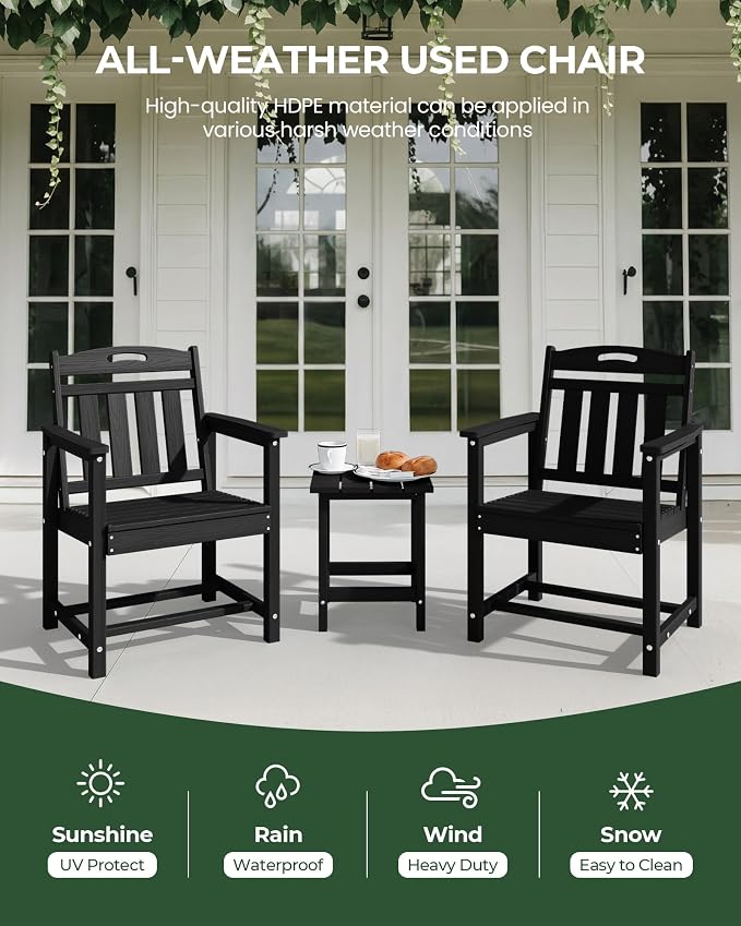 Patio Chairs, HDPE Outdoor Dining Chairs with Wide Seat, All Weather Oversized Porch Chair for Garden, Backyard, Deck - Black