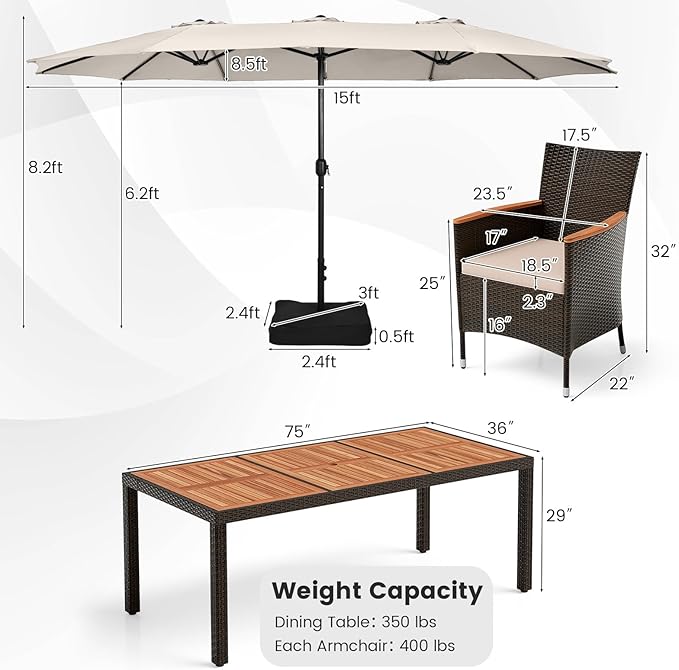 Tangkula 11 Pieces Rattan Outdoor Dining Set with 15Ft Solar Patio Umbrella for 8, Outdoor Wicker Table Set with 8 Cushioned Chairs, Acacia Wood Top, Outdoor Umbrella with Base Included