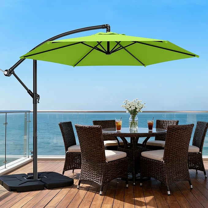 AreShark 10FT Patio Outdoor Umbrella, Offset Patio Umbrella Cantilever Umbrella, 6 Sturdy Ribs, Easy Adjustment for Garden Market Pool with Cross Base (Apple Green)