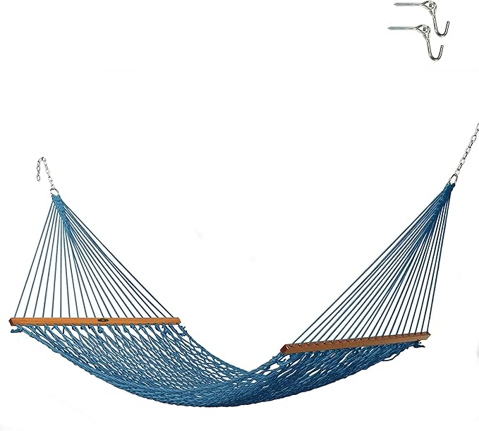 Original Pawleys Island Single Coastal Blue DuraCord Rope Hammock – 12 ft. x 50 in., 1-Person, 450 lb Capacity, Oak Spreader Bar, Zinc-Plated Hardware, Handcrafted in The USA