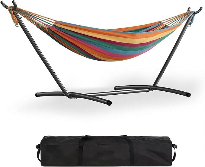 Double Hammock with Stand Included - 2 Person Brazilian Style Portable Hammock Bed - 450 Lbs Capacity Heavy Duty Adjustable Steel Stand for Indoor Outdoor - Weatherproof with Carrying Bag
