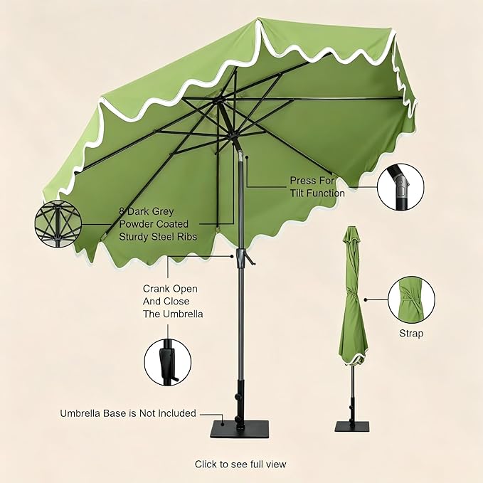 Tempera 9FT Scalloped Tassel Patio Umbrella, Outdoor Market Umbrellas with 8 Sturdy Ribs with Crank & Pust Button Tilt,Fade Resistant Canopy