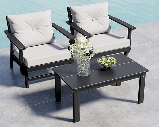 GREENVINES 3-Piece-Patio-Furniture-Set | HDPE Plastic | Outdoor Sectional Conversation Sets | All-Weather Couch | Sofa with Coffee Table | Detachable Armrests | for Deck Lawn | Black