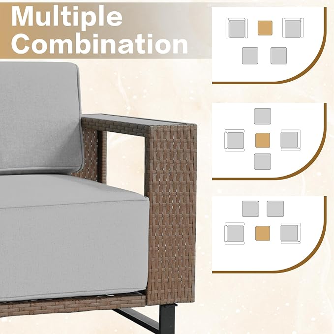 5 Pieces Outdoor Patio Furniture Set, PE Rattan Weaving Sofa with 10 inch Thick Cushions, with Dining Table,Coffee Table and 2 footstools, Steel Frame, Outdoor Conversation Set Brown/Beige/Wood