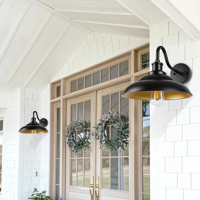 Outdoor Barn Light, 12 Inch Farmhouse Exterior Wall Mount Light, Outdoor Sconce Wall Lighting Fixture, Outside Industrial Black Lantern, Gold Interior, 3 Pack