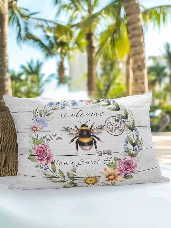 Outdoor Waterproof Throw Pillows Rustic Bee Flower Wreath Patio Pillows,Decorative Pillow Covers with Insert,Pillow Cushion Case for Garden Couch Sofa Farmhouse White Wood Board