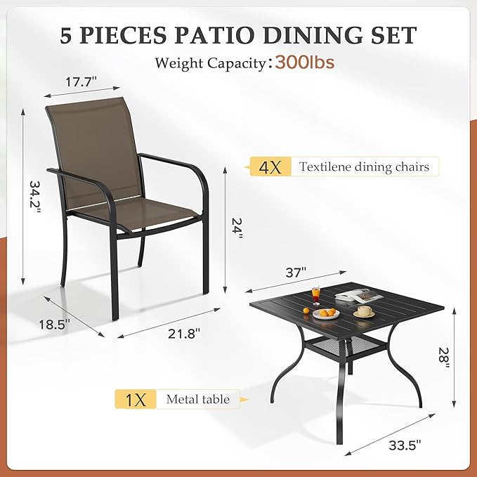 Crownland 5 Piece Patio Dining Set, Outdoor Textilene Dining Sets, 4 Textilene Metal Chairs and Square Outdoor Dining Table with 1.57" Umbrella Hole (Brown)