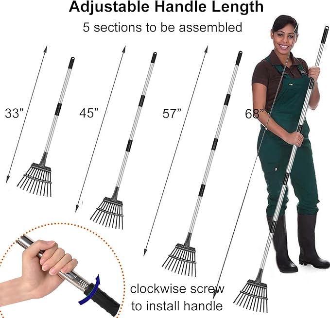 Small Leaf Rake with 11 Metal Tines, 33-68 Inch Rake for Leaves 9'' Wide Adjustable Stainless Steel Handle for Shrub, Flower Bed & Small Area