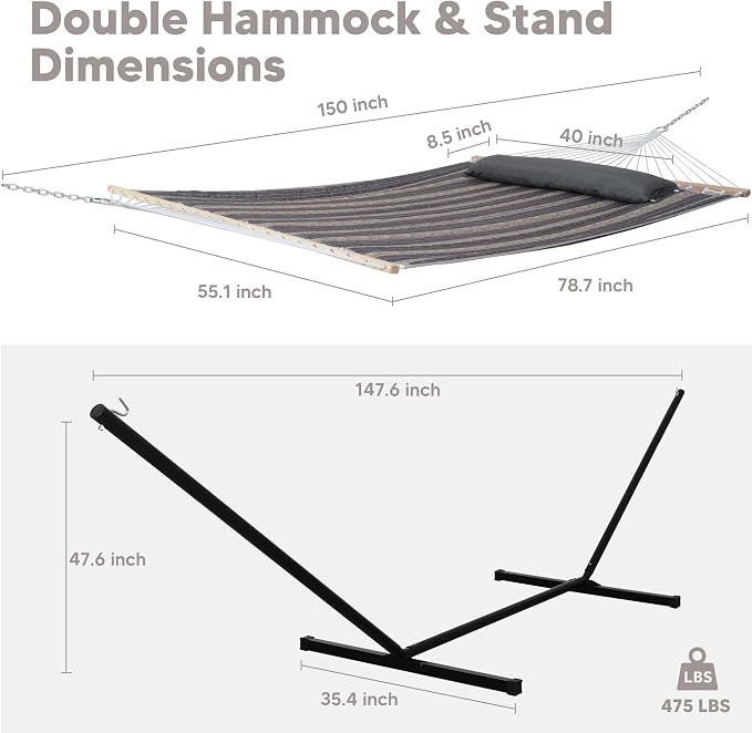 SUNCREAT Portable Hammock with Stand, Two Person Hammock with Portable Stand, Heavy Duty Hammock Storage Bag