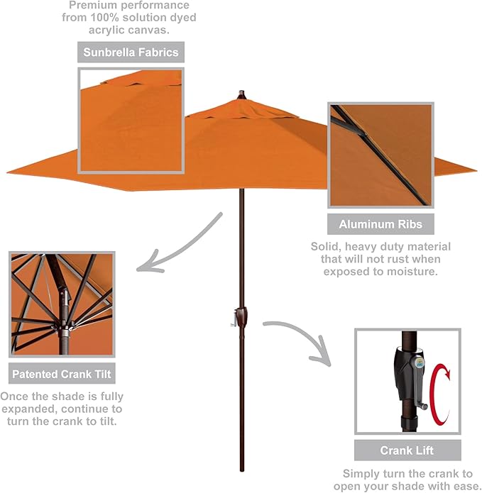 California Umbrella 12-Year Protection 9-Ft Outdoor Patio Umbrella, Sunbrella Fade-Resistant Acrylic Fabric, Auto Tilt and Crank, Heavy-Duty Aluminum Frame/ Reinforced Ribs, Bronze Pole, Tuscan