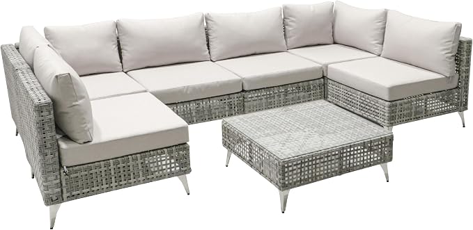 YOPTO 7-Piece Wicker Patio Furniture Set with Water Resistant Thick Cushions & Coffee Table,Outdoor Conversation Set Sectional Sofa W/Removable Cushions Cover,Free Combination,for Patio,Backyard,Gray