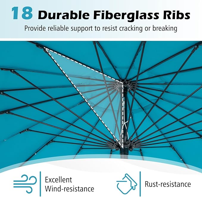 Tangkula 9FT Round Patio Umbrella, Outdoor Market Umbrella with 18 Fiberglass Ribs, Push Button Tilt, Crank, Fade-resistant Canopy & Ventilation, Aluminum Table Umbrella for Backyard, Pool (Turquoise)