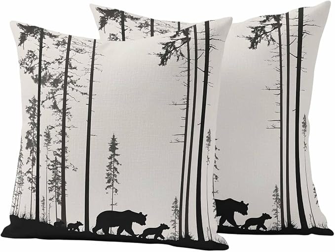 Abstract Outdoor Waterproof Throw Pillow Covers Set of 2, 24"x24", Animal Bear Family Forest Trees Silhouette Decorative Pillow Covers Outside Cushion Case for Patio Porch Garden