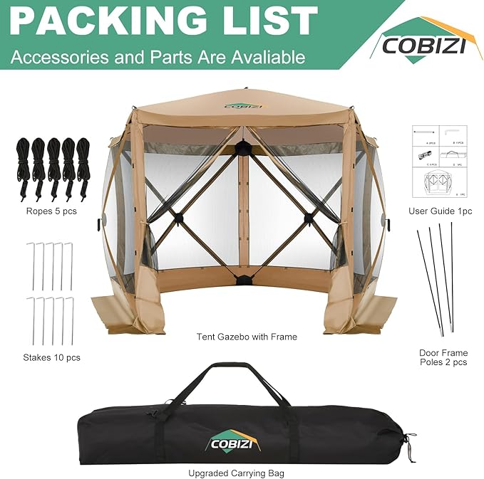 COBIZI 10x10 FT Pop up Gazebo, Popup Canopy Tent, Screened in Gazebos, Waterproof Portable Outdoor Small Screen Tents Sun Shelter,carpas para Patio for Camping, Garden and Backyard,Khaki