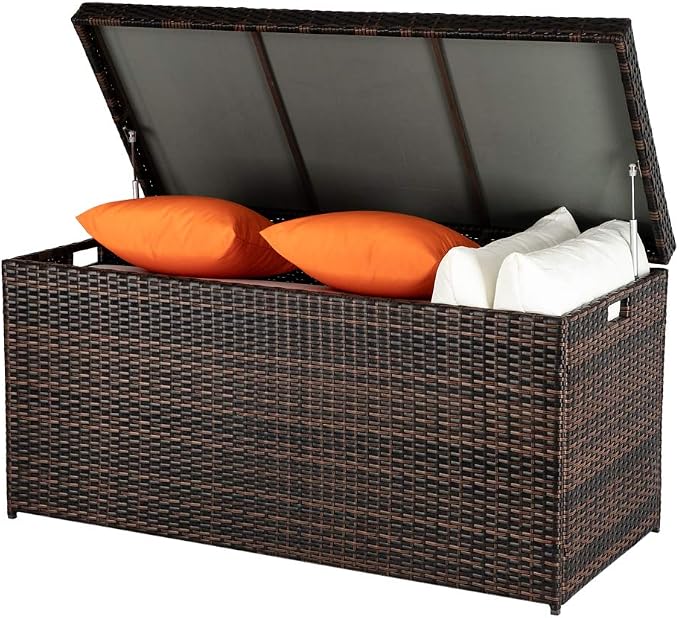 132Gallon Deck Storage Box, Deck Box Outdoor Storage Box Indoor Wicker Storage Bin Patio Storage Box for Patio Furniture Cushions Toys Garden Tools Pool Accessories (Brown)