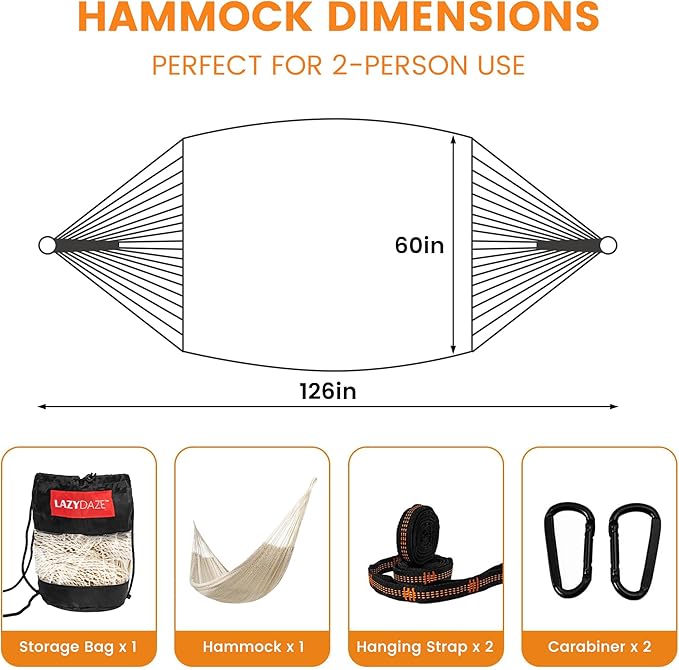 Lazy Daze Hammocks Handwoven Mayan Hammock, 10.5 FT Soft Rope Double Hammocks, Portable Outdoor Hammock with Carry Bag, 2 Straps & Carabiners for Patio Outside, 550 lbs Weight Capacity, Natural