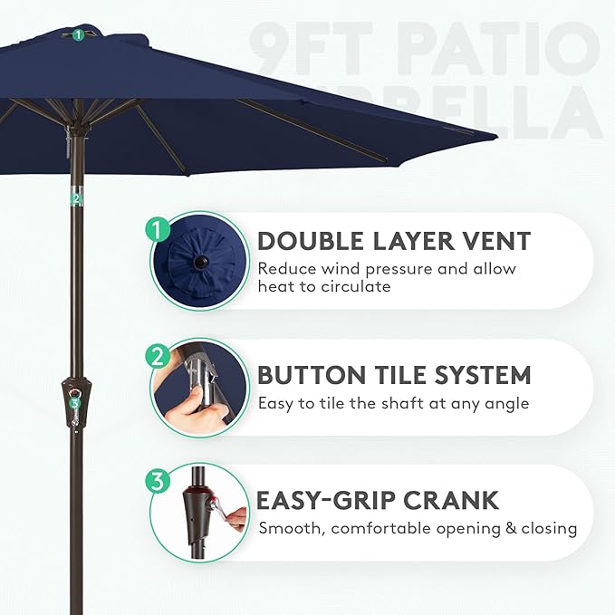 JEAREY 9FT Outdoor Patio Umbrella Outdoor Table Umbrella with Push Button Tilt and Crank, Market Umbrella 8 Sturdy Ribs UV Protection Waterproof for Pool, Garden (Navy)
