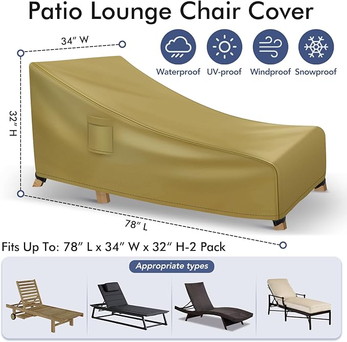 Richwon Chaise Lounge Covers Outdoor Waterproof, Heavy Duty Patio Furniture Covers, Fits up to 78L x 34W x 32H inches, 1 Pack, Khaki