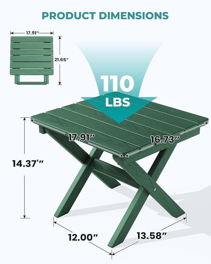 SERWALL Folding Outdoor Side Table Set of 2, Portable Adirondack Side Table, Green