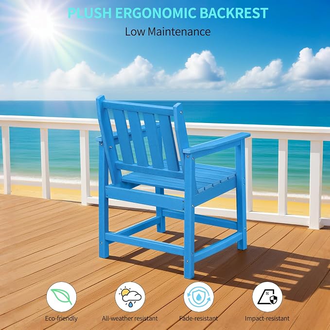 All-Weather Outdoor Chairs, HDPE Outdoor Dining Chair with Backrest and Armrest, 300 LBS Support Garden Patio Furniture Chairs for Poolside, Deck and Porch, Blue
