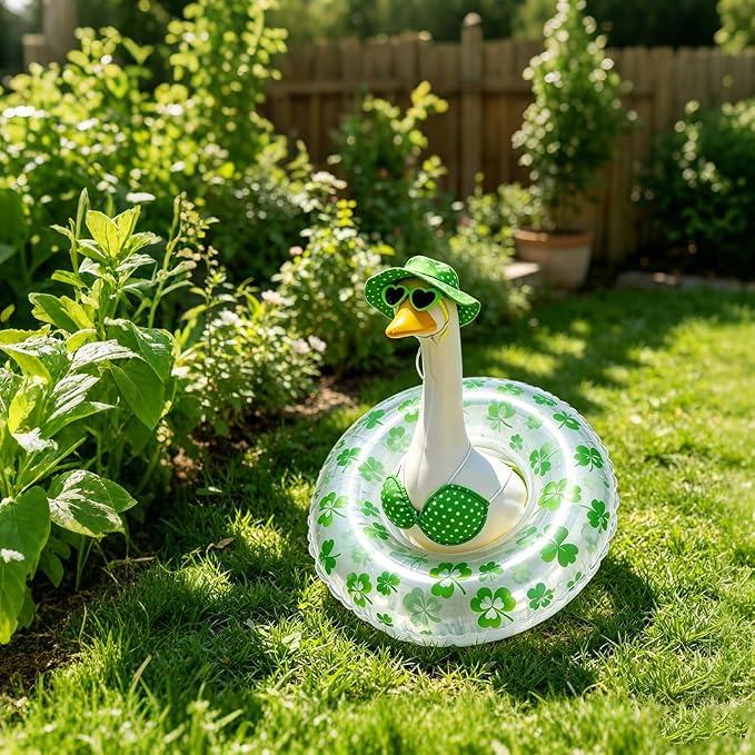 Hawaiian Porch Goose Outfits with Hat Sunglasses & Swim Ring, Summer Bikini Goose Outfit Clothes Costume Fits 23" Cement Geese Statue, Summer Garden Lawn Patio Yard Outdoor Decor (Summer style-Green)