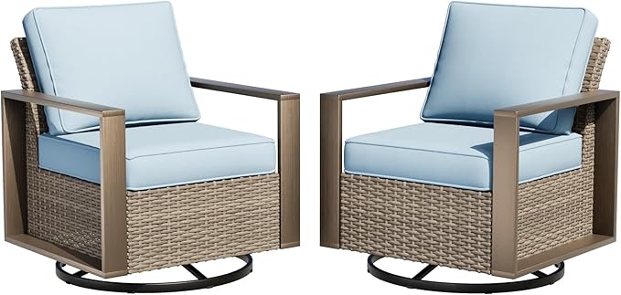 Outdoor Swivel Patio Metal Chairs Set of 2 - Porch Furniture 2 Pieces 360 Degree Glider Rockers Rattan Chairs with Washable Cushion & Metal Steel Rectangular Framed Armrest, Baby Blue