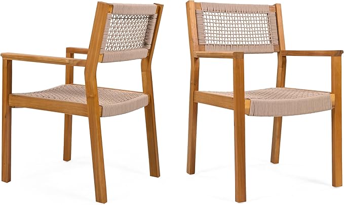 Christopher Knight Home Rlyn 5 Pieces Patio Dining Set, Rope Acacia Wood Dining Chair, Woven Armchairs, Round Wood Table for 4, Outdoor Table and Chair for Garden, Backyard, Poolside, Light Brown+Teak